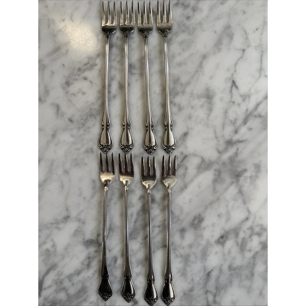 Oneida Rogers Arbor Rose-True Rose 8 Pickle Forks Stainless Flatware USA